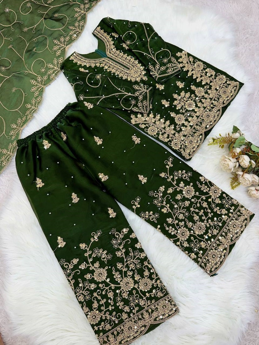 Evanik Green Designer Wedding Embroidered Work Kids Palazzo Set - Dista