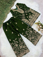 Thumbnail for Evanik Green Designer Wedding Embroidered Work Kids Palazzo Set - Dista