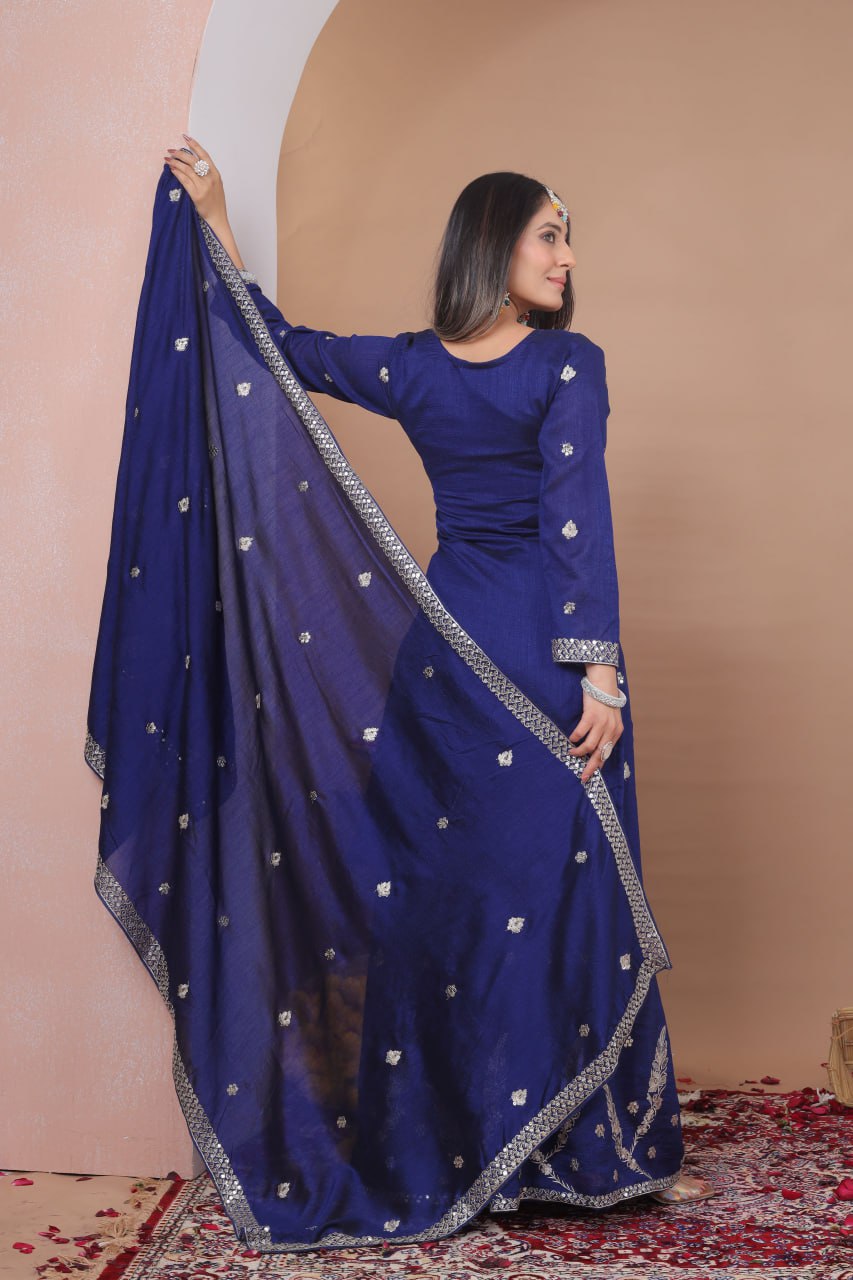 Yash Enterprise Navy Blue Vichitra Silk Embroidery Party Wear Suit Set - Distacart