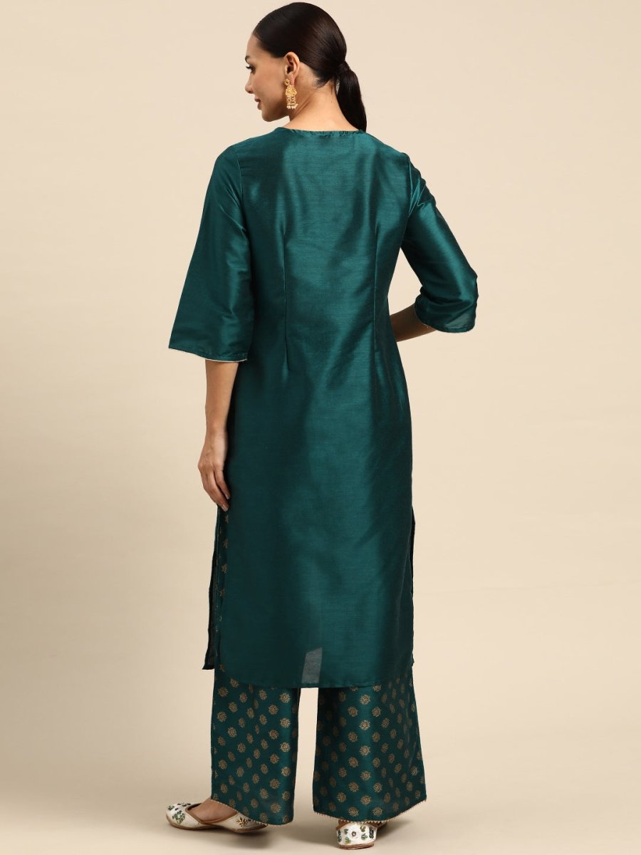 All About You Ethnic Motifs Embroidered Yoke Design Regular Sequinned Kurta with Palazzos - Distacart