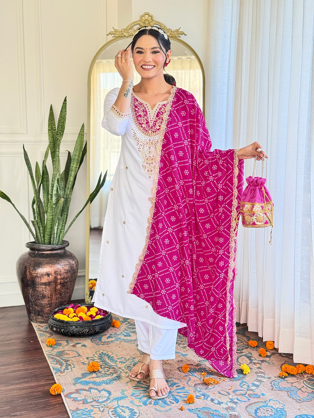The52 Women's Embroidered Viscose Fabric Straight Kurta, Pant and Dupatta Set