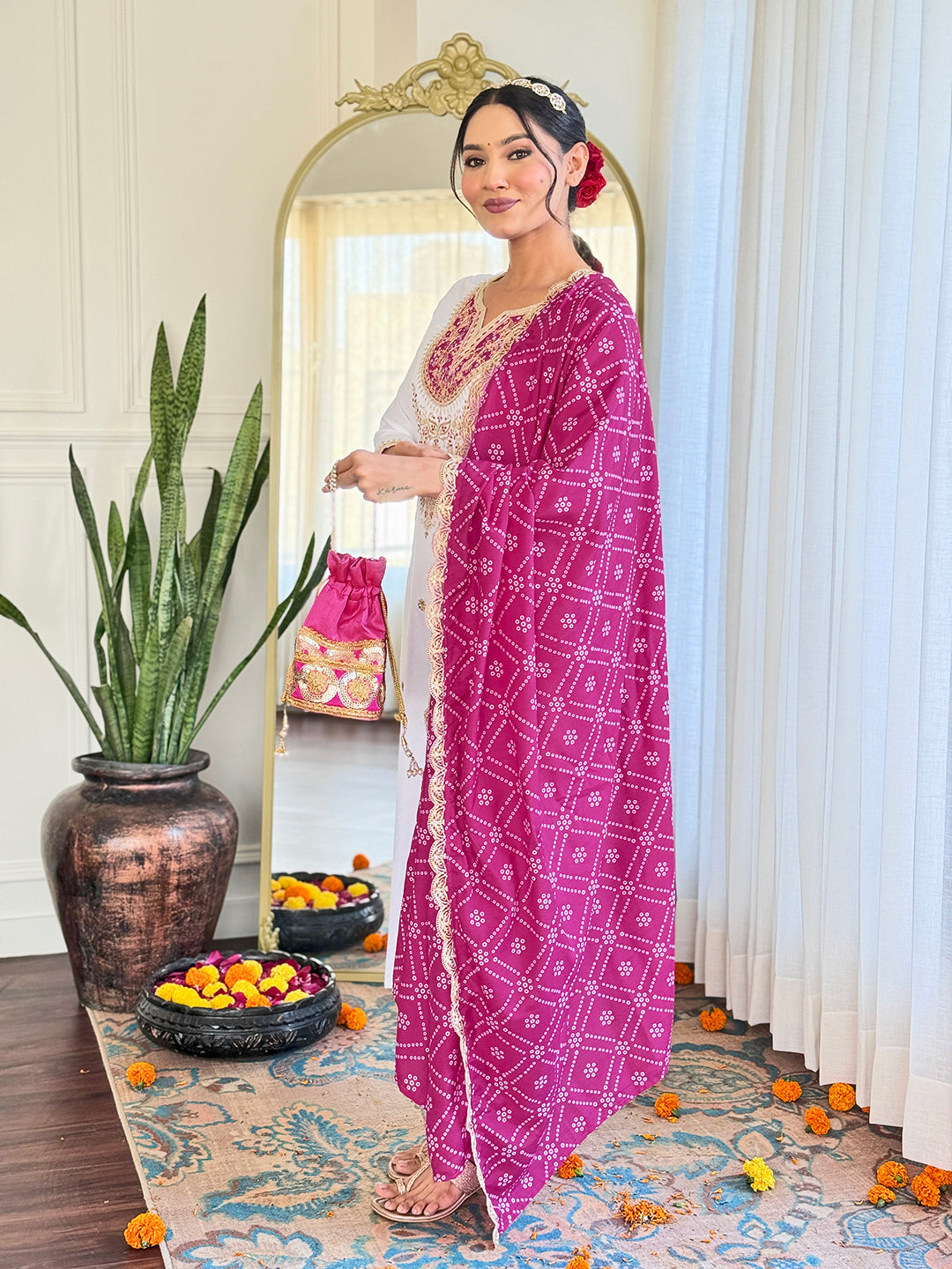 The52 Women's Embroidered Viscose Fabric Straight Kurta, Pant and Dupatta Set