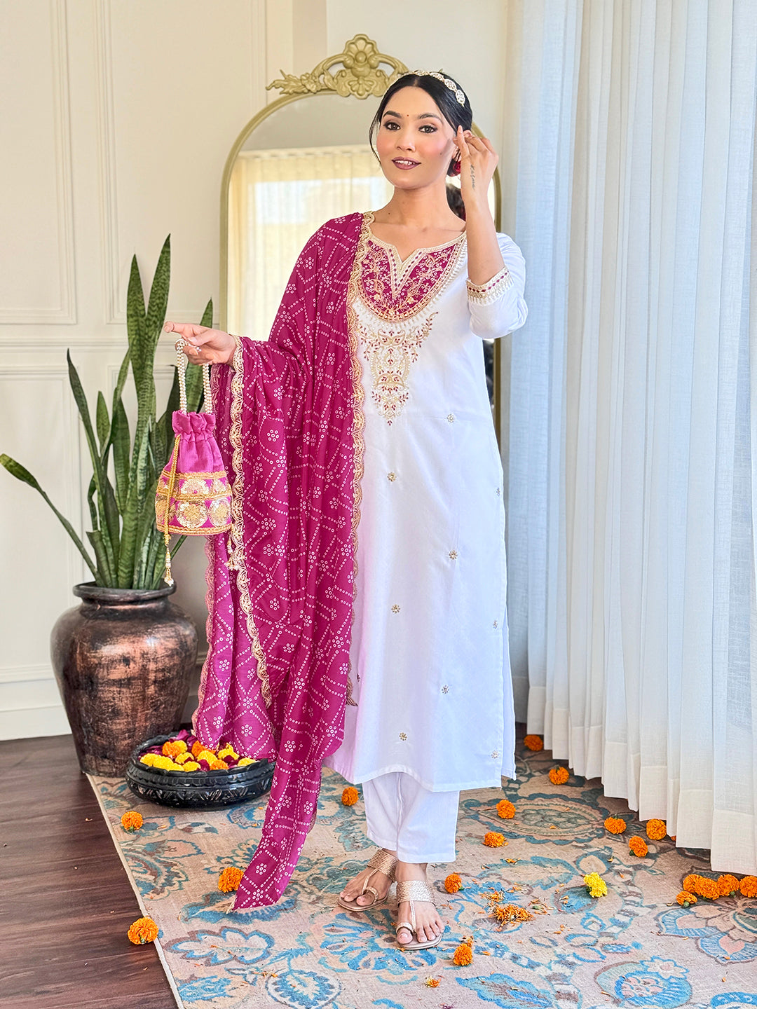 The52 Women's Embroidered Viscose Fabric Straight Kurta, Pant and Dupatta Set