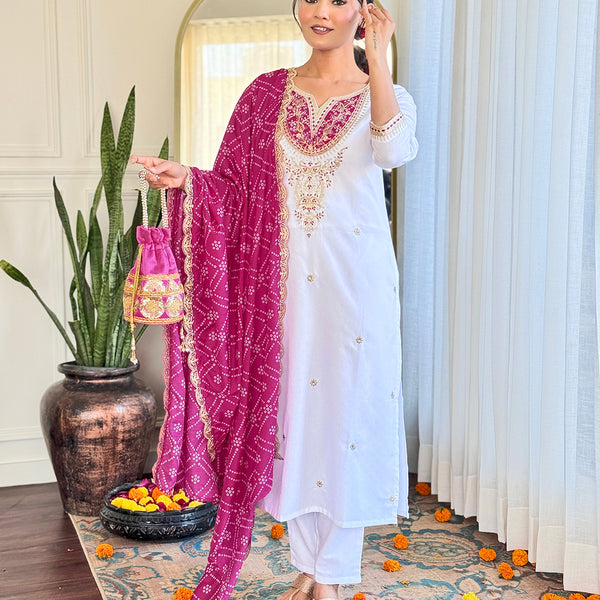 The52 Women's Embroidered Viscose Fabric Straight Kurta, Pant and Dupatta Set