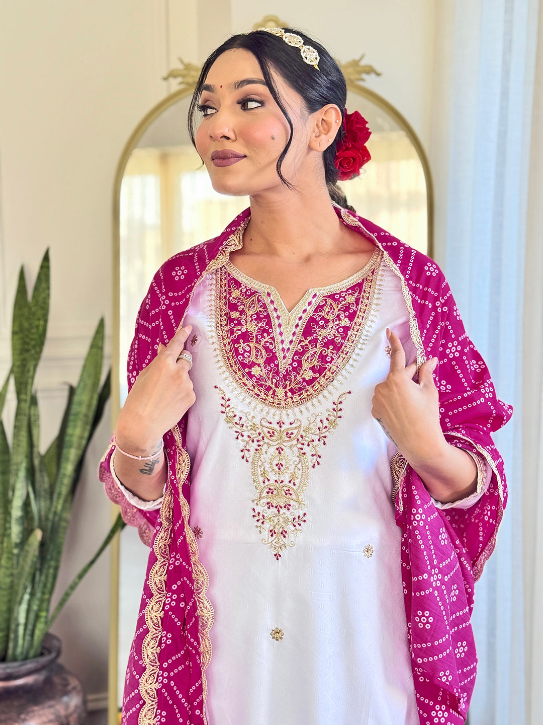The52 Women's Embroidered Viscose Fabric Straight Kurta, Pant and Dupatta Set