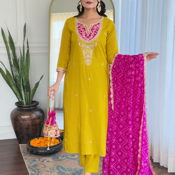 The52 Women's Embroidered Viscose Fabric Straight Kurta, Pant and Dupatta Set - Distacart