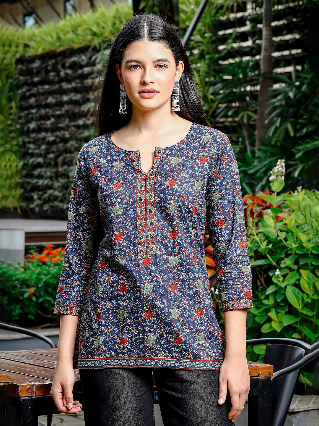Yufta Blue Cotton Ethnic Motifs Regular Top - Distacart