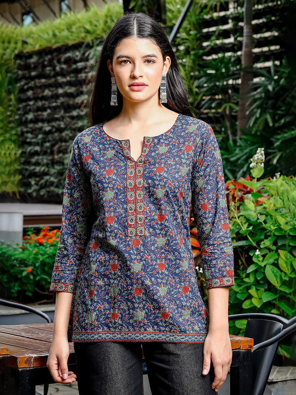 Yufta Blue Cotton Ethnic Motifs Regular Top