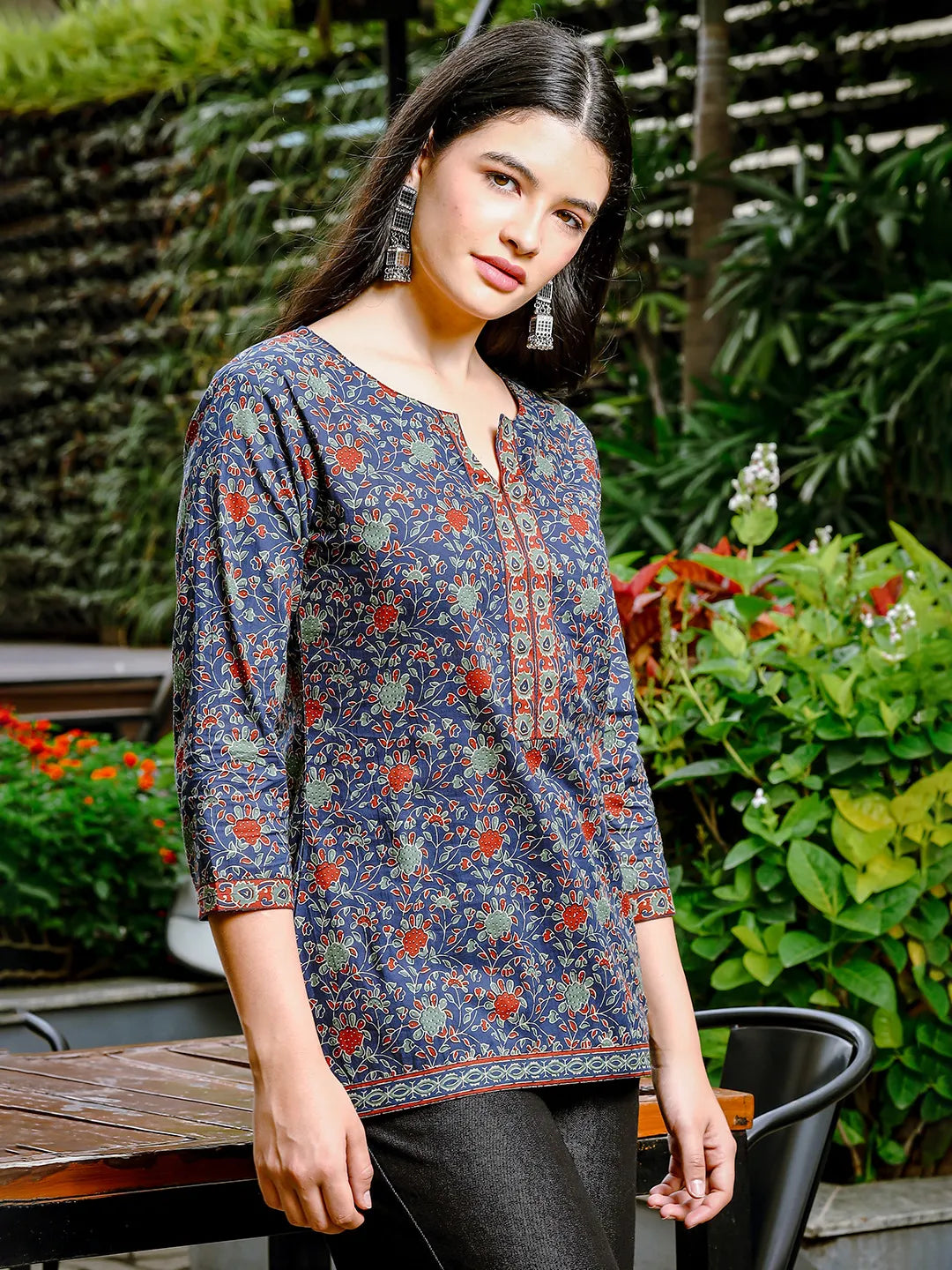 Yufta Blue Cotton Ethnic Motifs Regular Top - Distacart
