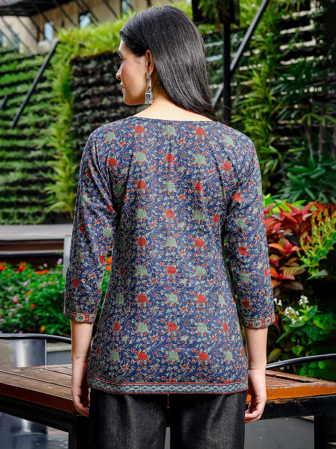 Yufta Blue Cotton Ethnic Motifs Regular Top
