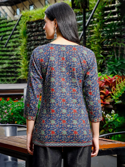 Yufta Blue Cotton Ethnic Motifs Regular Top - Distacart