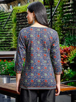 Thumbnail for Yufta Blue Cotton Ethnic Motifs Regular Top