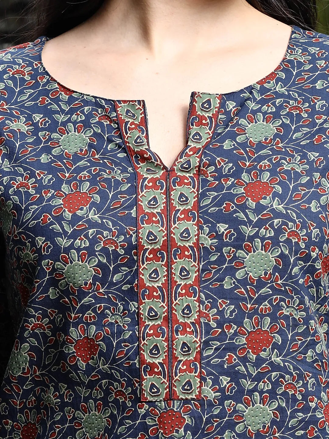 Yufta Blue Cotton Ethnic Motifs Regular Top