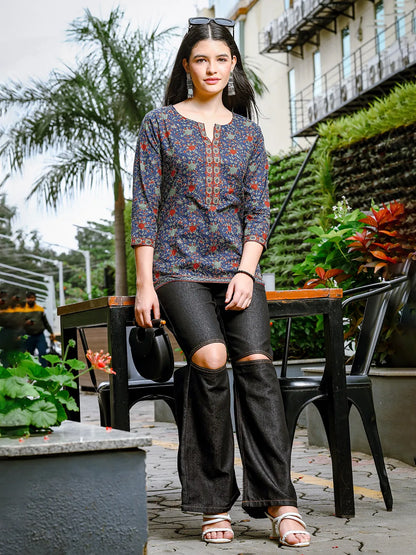 Yufta Blue Cotton Ethnic Motifs Regular Top - Distacart