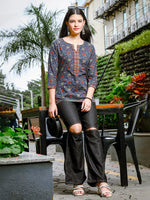 Thumbnail for Yufta Blue Cotton Ethnic Motifs Regular Top