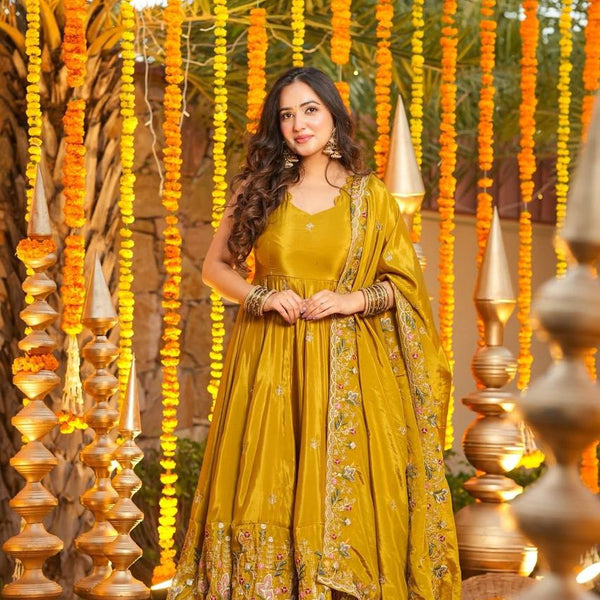Yash Enterprise Yellow Silk Party Wear Embroidery Anarkali Suit Set - Distacart