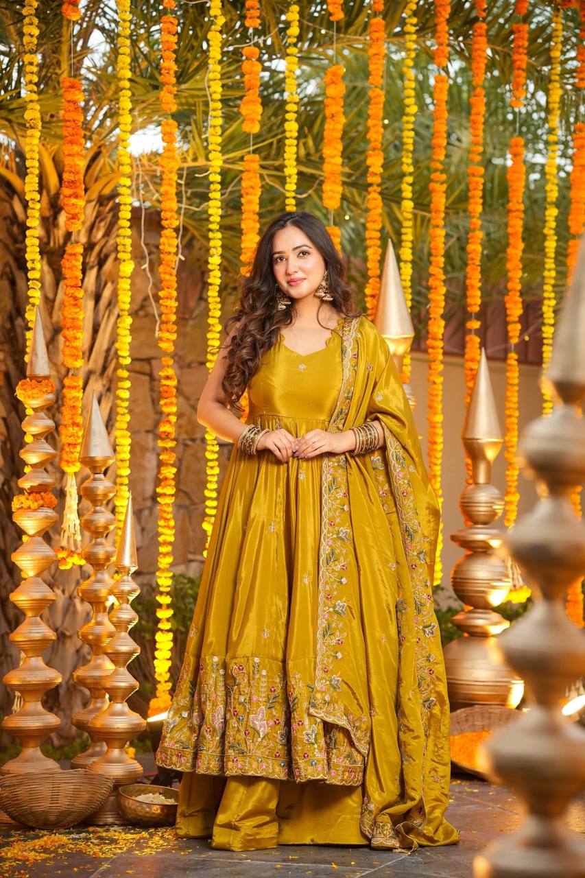 Yash Enterprise Yellow Silk Party Wear Embroidery Anarkali Suit Set