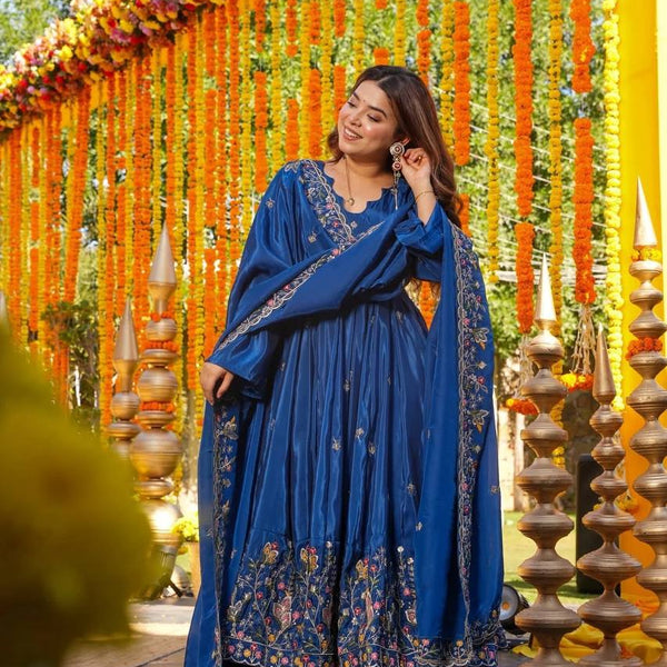 Yash Enterprise Blue Silk Party Wear Embroidery Anarkali Suit Set - Distacart