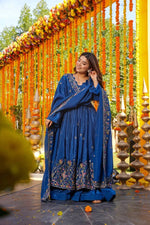Thumbnail for Yash Enterprise Blue Silk Party Wear Embroidery Anarkali Suit Set - Distacart