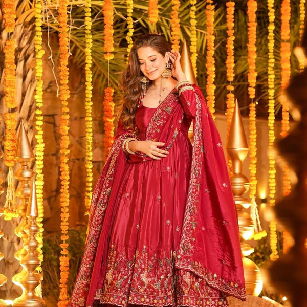 Yash Enterprise Red Silk Party Wear Embroidery Anarkali Suit Set - Distacart