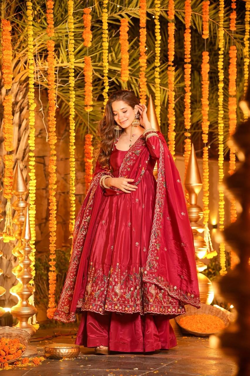 Yash Enterprise Red Silk Party Wear Embroidery Anarkali Suit Set