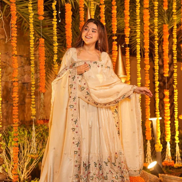 Yash Enterprise Off White Silk Party Wear Embroidery Anarkali Suit Set - Distacart