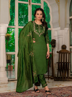 Thumbnail for Pramukh Fab Dark Green Color Marina Silk Kurta Set - Distacart