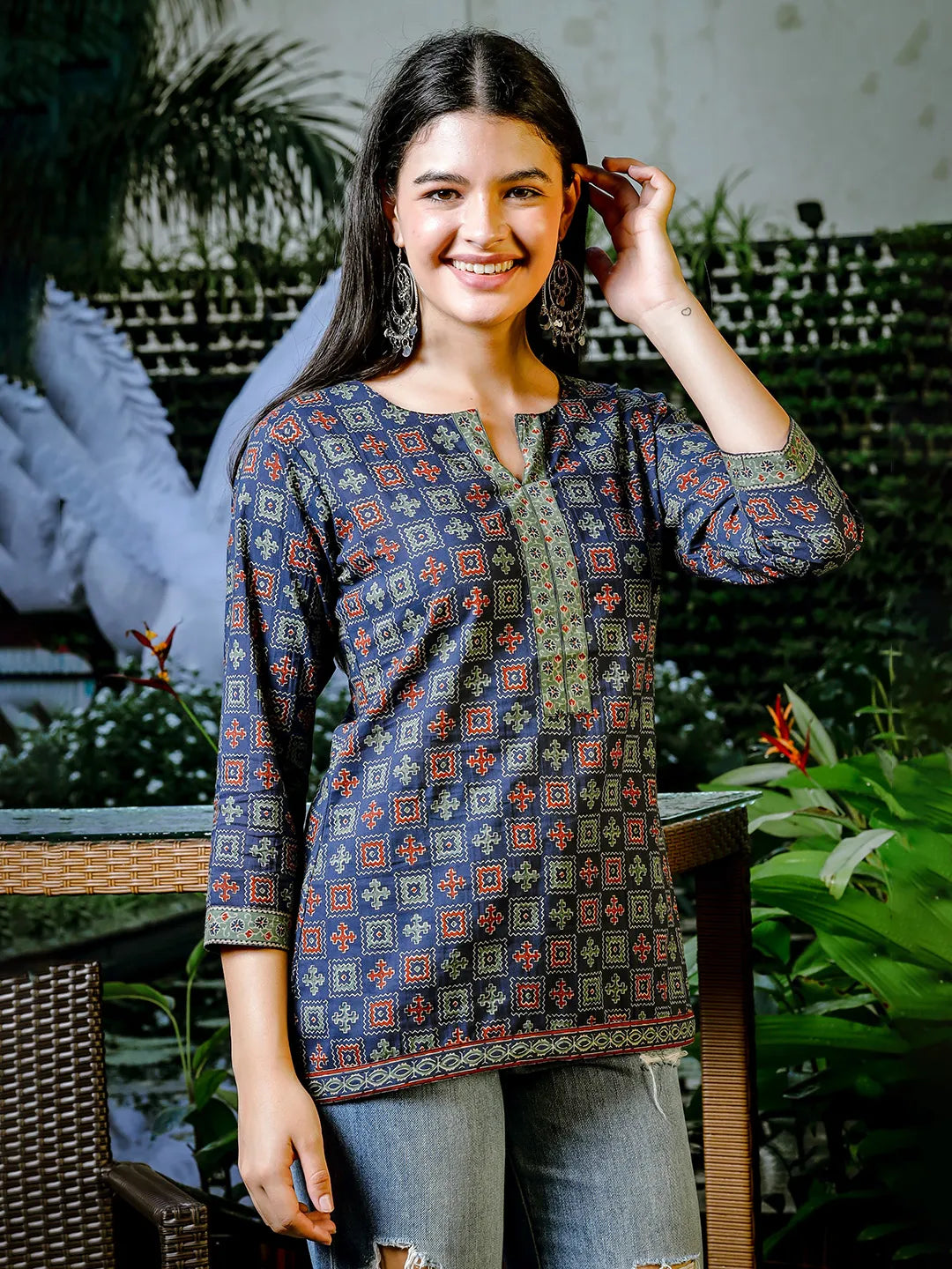 Yufta Blue Cotton Geometric Print Regular Top - Distacart