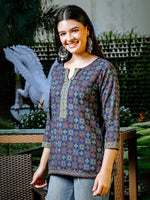 Thumbnail for Yufta Blue Cotton Geometric Print Regular Top