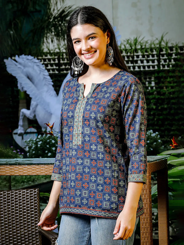 Yufta Blue Cotton Geometric Print Regular Top