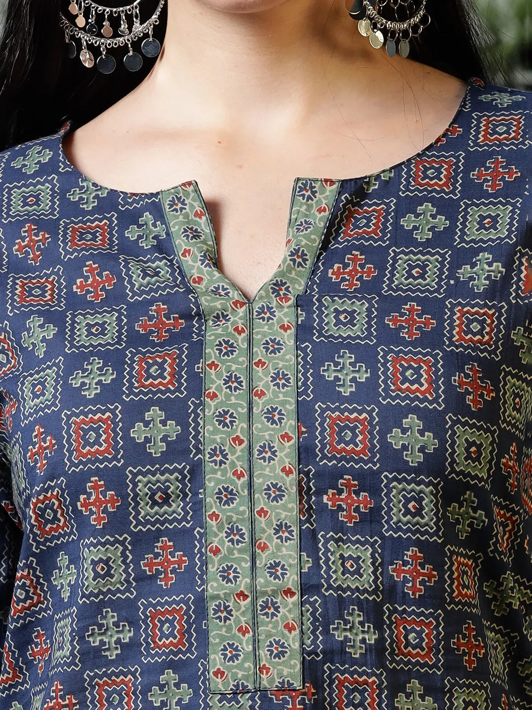 Yufta Blue Cotton Geometric Print Regular Top