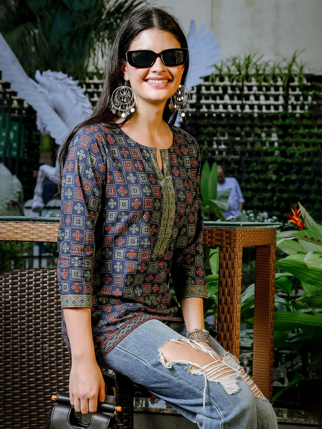 Yufta Blue Cotton Geometric Print Regular Top