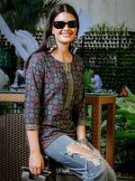 Thumbnail for Yufta Blue Cotton Geometric Print Regular Top