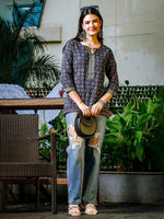 Thumbnail for Yufta Blue Cotton Geometric Print Regular Top