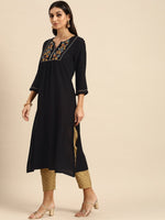 Thumbnail for All About You Women Black Floral Yoke Design Embroidered Thread Work Straight Kurta - Distacart