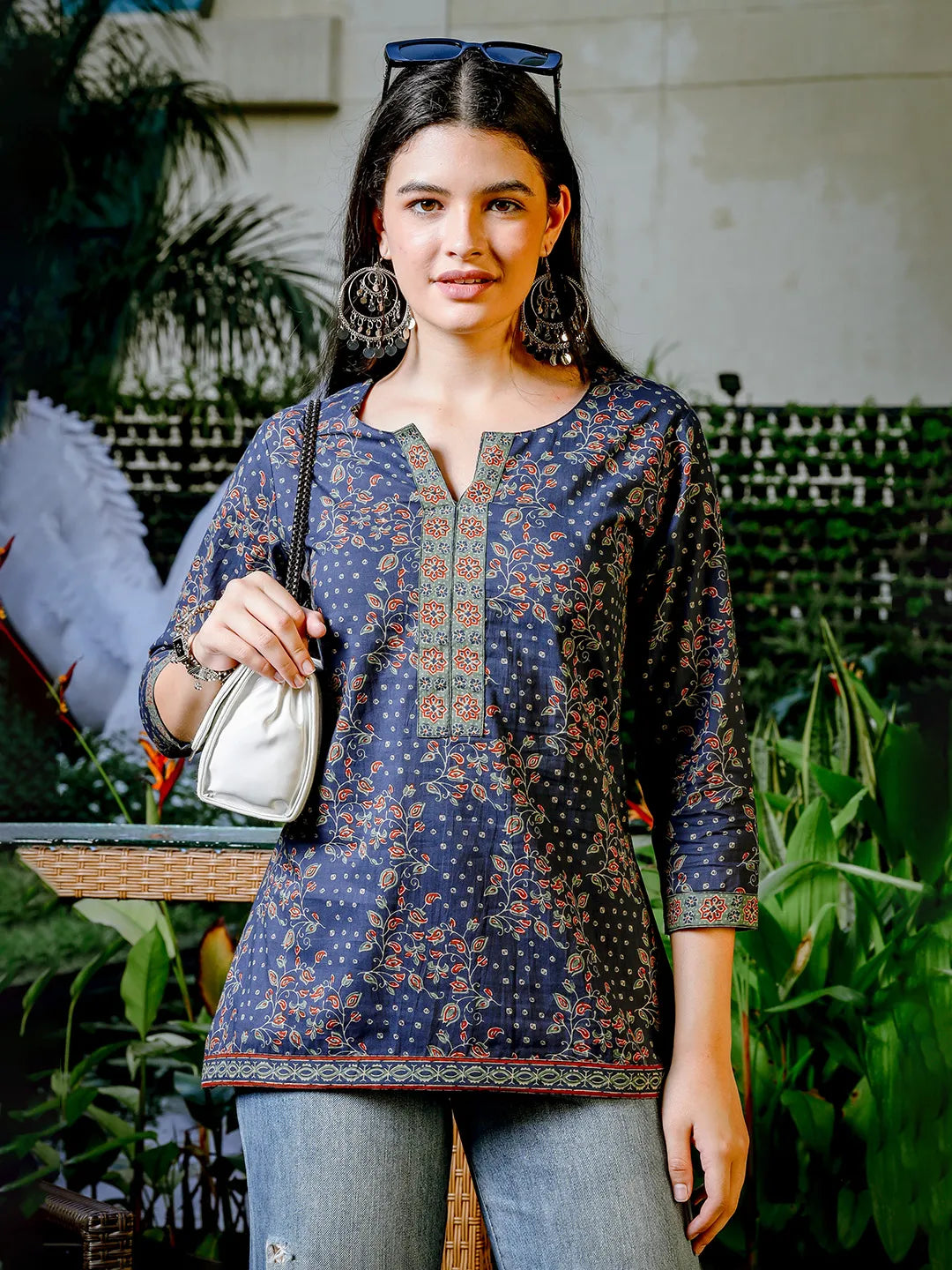 Yufta Blue Cotton Floral Print Regular Top - Distacart