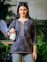 Thumbnail for Yufta Blue Cotton Floral Print Regular Top
