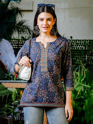 Yufta Blue Cotton Floral Print Regular Top - Distacart