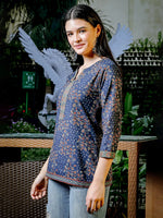 Thumbnail for Yufta Blue Cotton Floral Print Regular Top