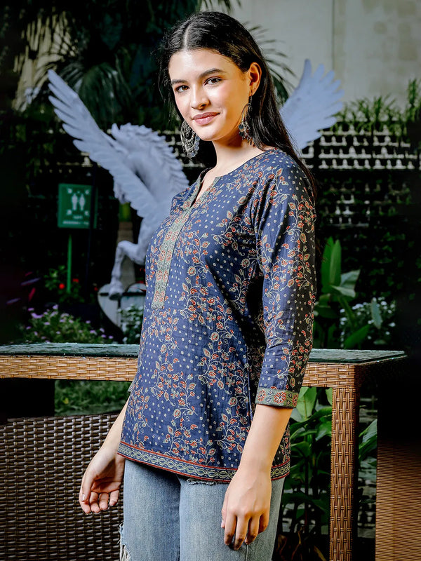 Yufta Blue Cotton Floral Print Regular Top