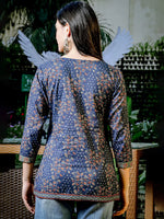 Thumbnail for Yufta Blue Cotton Floral Print Regular Top