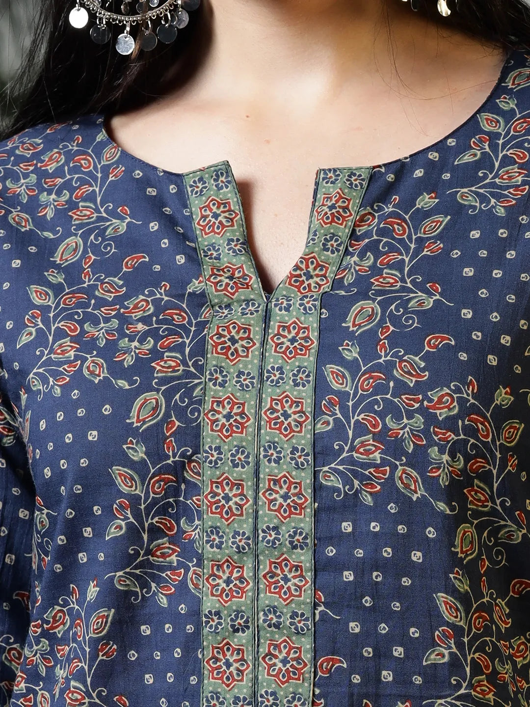 Yufta Blue Cotton Floral Print Regular Top