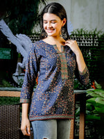 Thumbnail for Yufta Blue Cotton Floral Print Regular Top