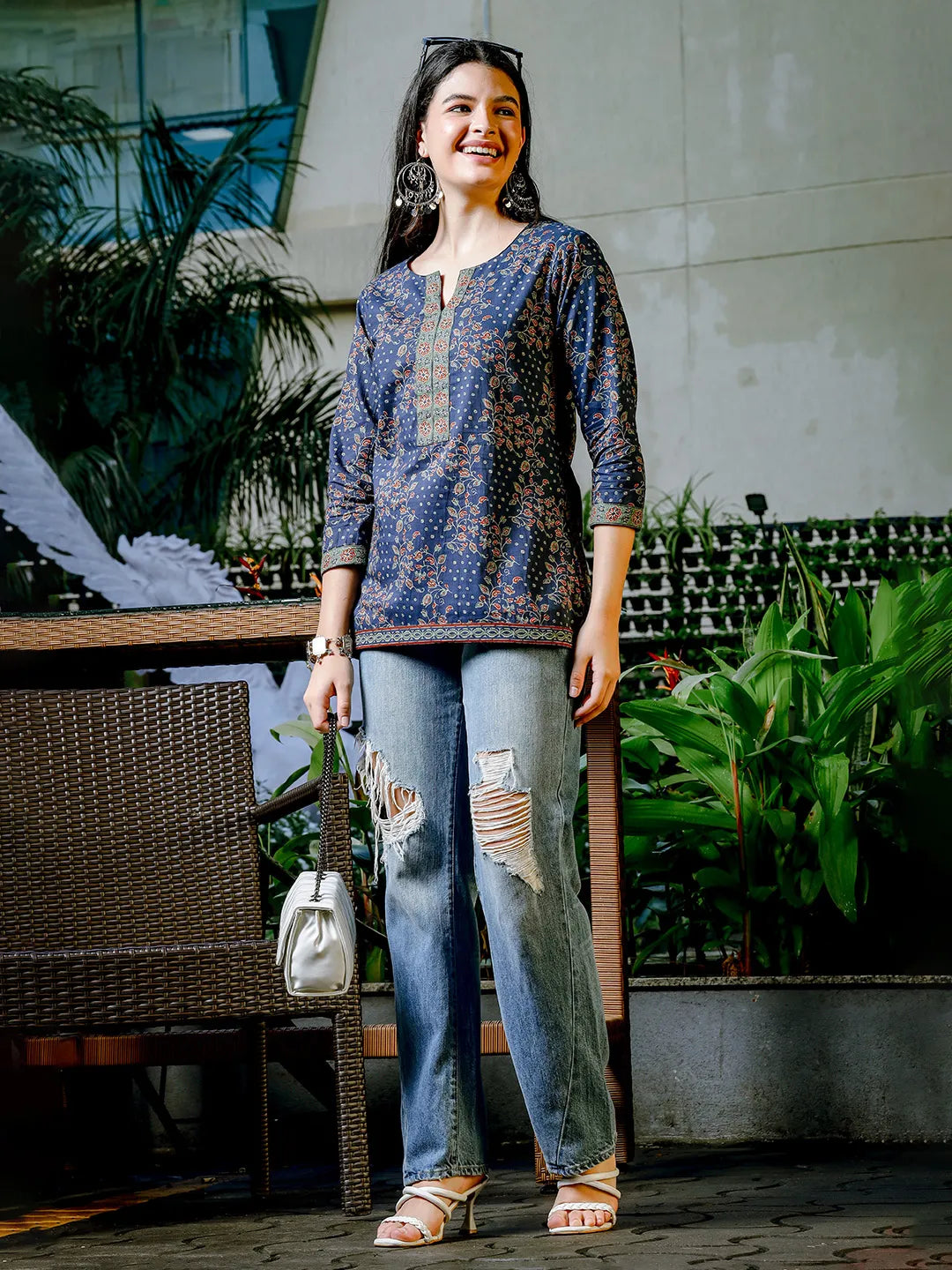 Yufta Blue Cotton Floral Print Regular Top