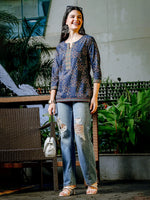 Thumbnail for Yufta Blue Cotton Floral Print Regular Top