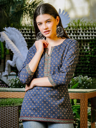 Yufta Blue Cotton Geometric Regular Top