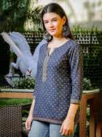 Thumbnail for Yufta Blue Cotton Geometric Regular Top