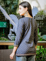 Thumbnail for Yufta Blue Cotton Geometric Regular Top