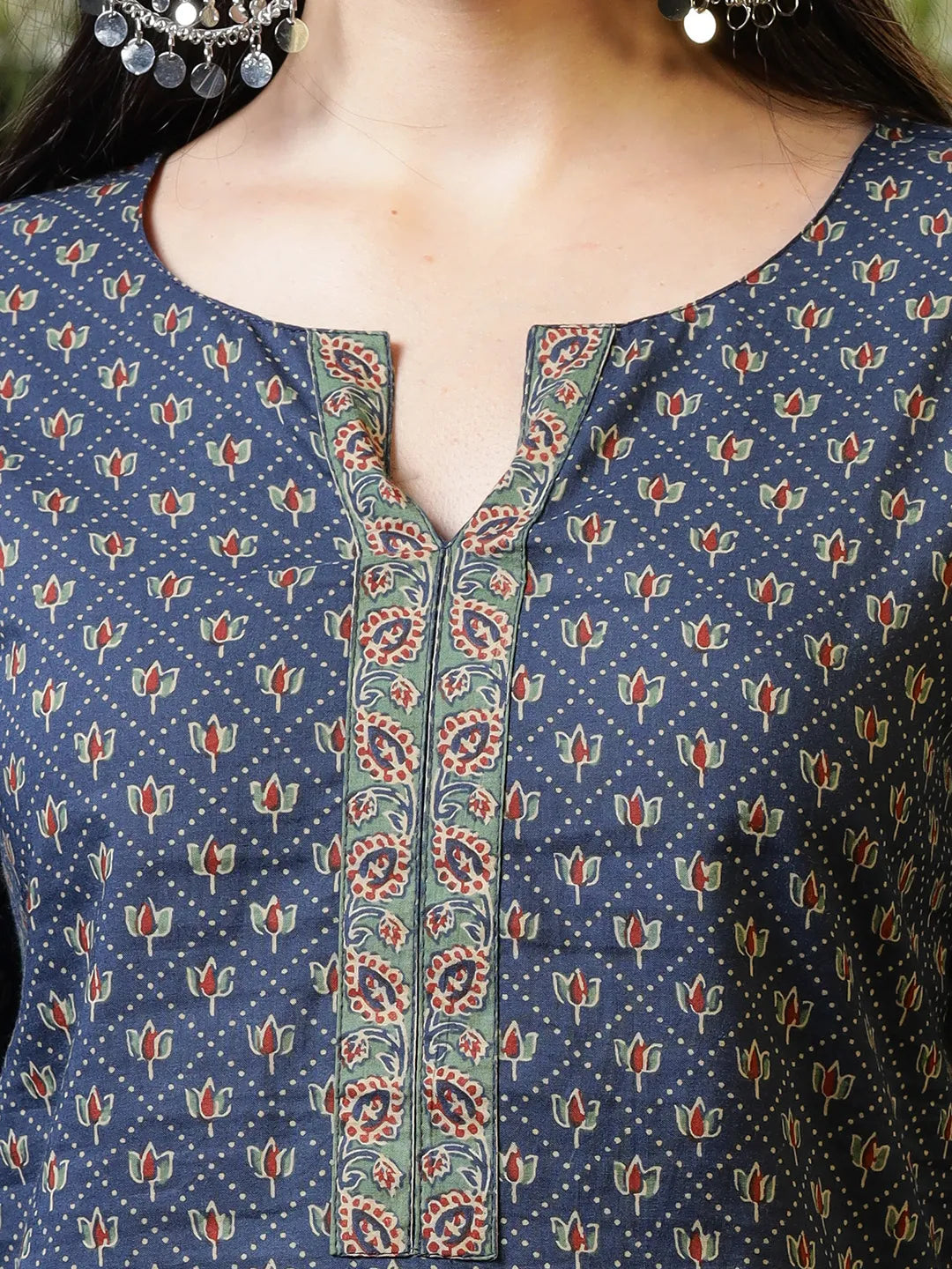 Yufta Blue Cotton Geometric Regular Top