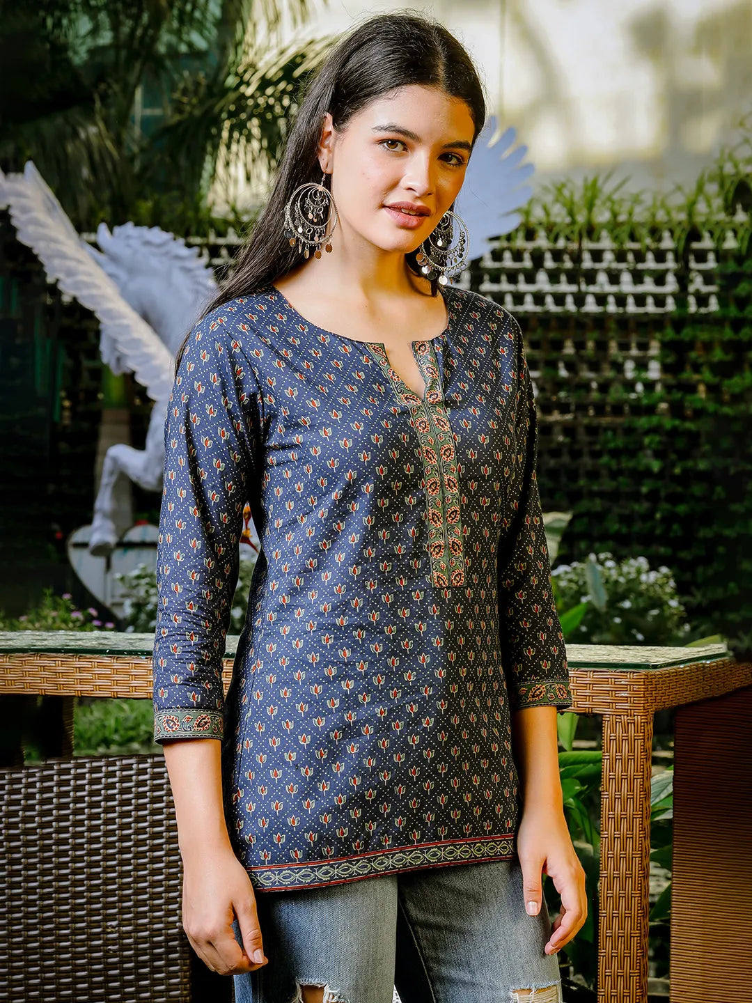 Yufta Blue Cotton Geometric Regular Top